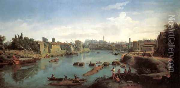 Rome- the Tiber near the Porto di Ripa Grande c. 1711 Oil Painting - Caspar Andriaans Van Wittel