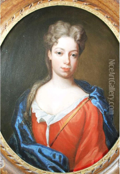 Half Length Portrait Of Duchess Of Marlborough With Brown Hair 
And A Long Plait Coming Over Her Right Shoulder Oil Painting - Robert Byng