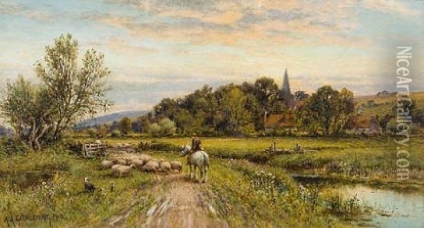 Mounted Shepherd And Flock Returning Home Oil Painting - Alfred Augustus Glendening Sr.