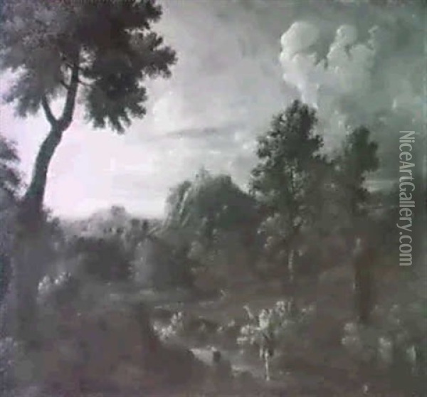 Paesaggio Collinare Con Due Astanti Oil Painting - Gaspard Dughet