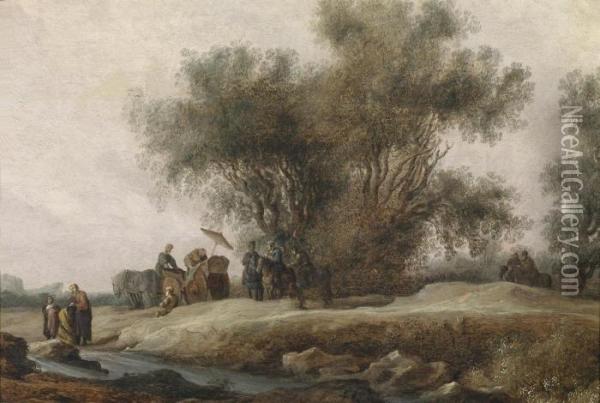 (naarden Aftea Wooded River Landscape With The Baptism Of The Eunuch Oil Painting - Salomon van Ruysdael