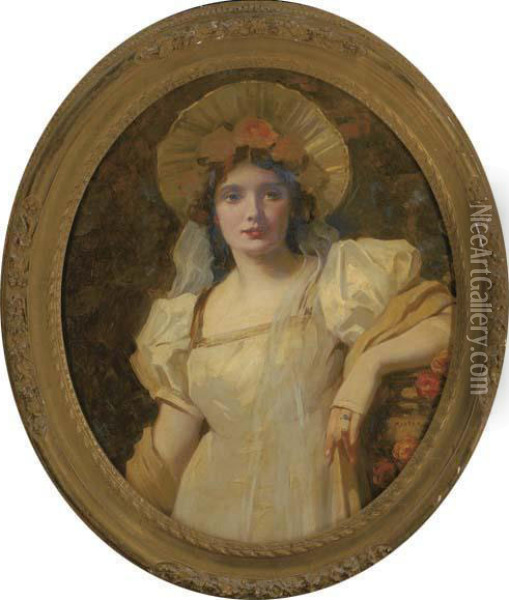 Portrait Of A Lady, Bust-length, In A Cream Dress And Bonnet Oil Painting - Thomas E. Mostyn