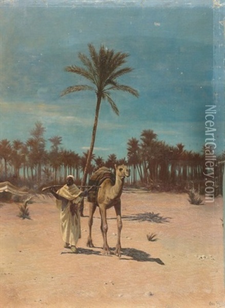 Abendliche Oasenstimmung Mit Araber Und Kamel Oil Painting - Otto Pilny