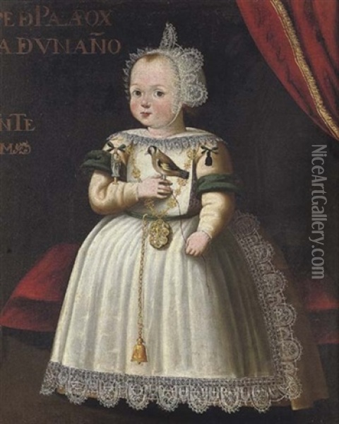 Portrait Of A Young Girl From The Palafox Family, Aged 1, In A White Dress Trimmed With Lace And Wearing A White Lace Bonnet, Holding A Bird Oil Painting - Bartolome Gonzalez