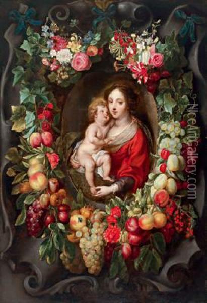 Maria Con Il Bambino In Una Corona Di Fiori E Di Frutta Accanto A Un Cartiglio Di Pietra Oil Painting - Frans Ykens