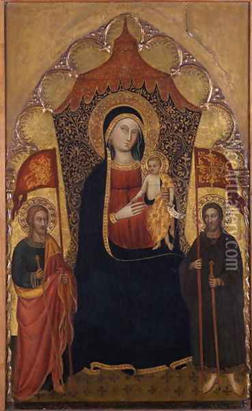 Enthroned Madonna and Child with the Apostle Jacob the Elder and St. Ranieri, c.1410-20 Oil Painting - Turino Vanni