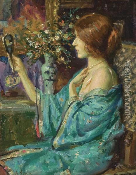At Her Vanity Oil Painting - Arvid Frederick Nyholm