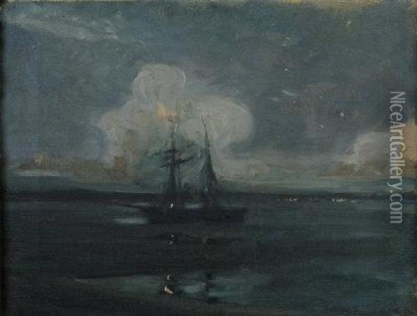 St. Ives Bay In Moonlight, A Boat Aground. Oil Painting - Louis Monro Grier