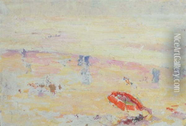 Red Umbrella On The Beach Oil Painting - Joseph Raphael