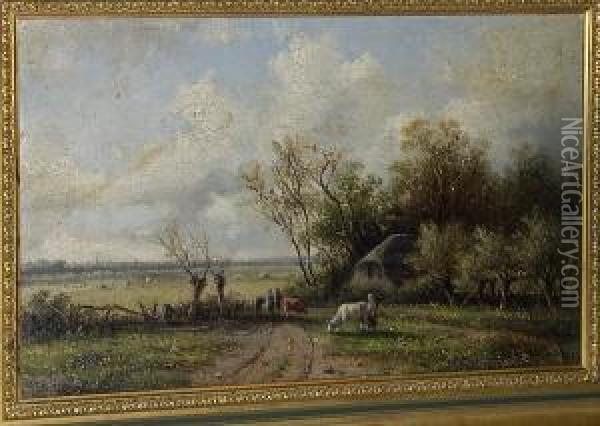 Figures And Cattle On A Rural Track Oil Painting - Claas Hendrik Meiners