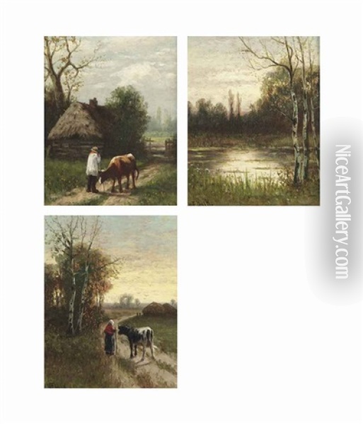 A Peasant With A Cow Near A Wooden Shed; And A Wooded Landscape At Sunset With A Peasant Woman And A Cow; A Wooded Landscape With A Pond (3 Works) Oil Painting - William Frederick Hulk