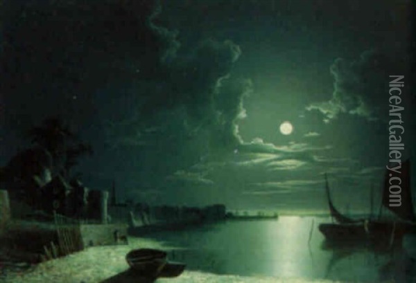 A Moonlit Harbor Oil Painting - Sebastian Pether