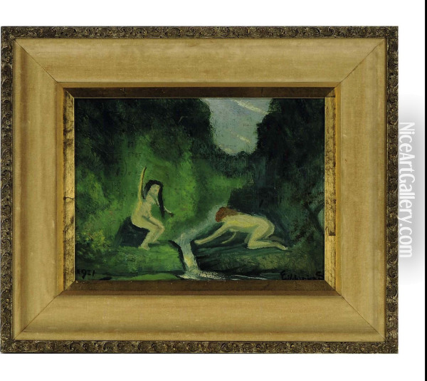 Two Female Nudes By A Stream Oil Painting - Louis Michel Eilshemius