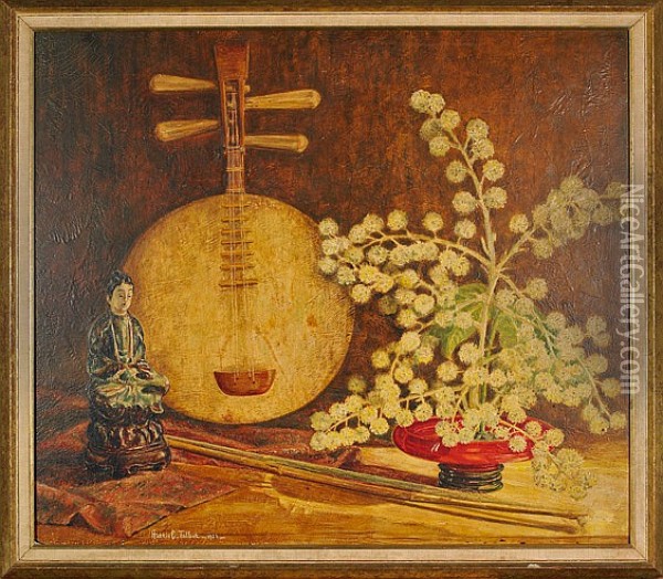 Still Life With Flowering Plant, Bamboo Shoots, Buddhist Sculpture And An Asian Stringed Instrument Oil Painting - Hattie Crippen Talbot