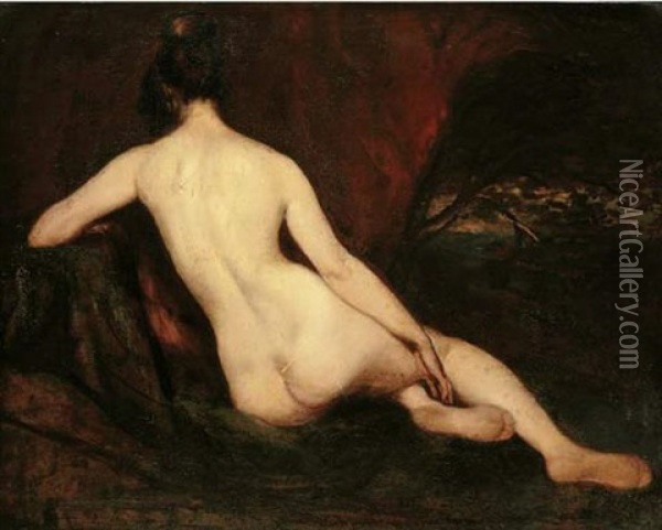 Female Nude, Seen From Behind, Reclining In A Landscape Oil Painting - William Etty