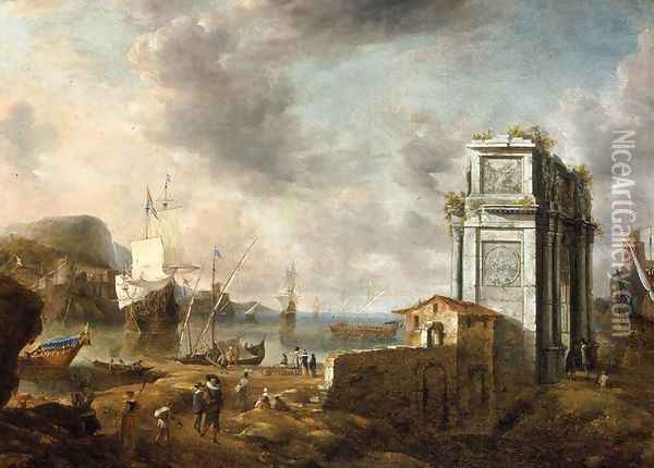 Capriccio of a Mediterranean Harbour Oil Painting - Jan Abrahamsz. Beerstraten