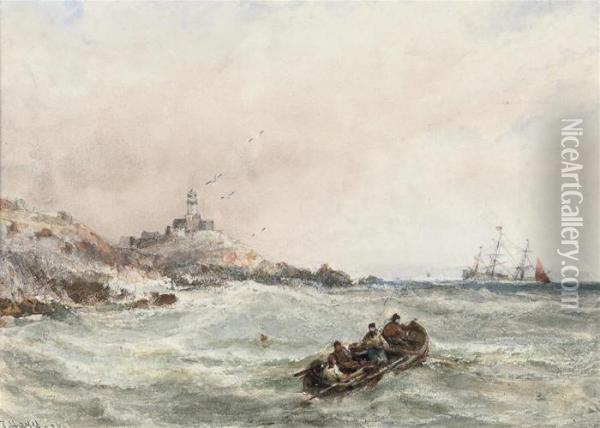 High Tide At The Mumbles Lighthouse Oil Painting - Edwin Hayes