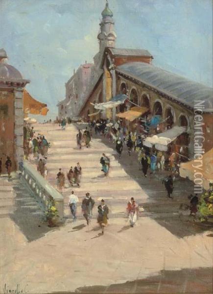 On The Rialto Bridge, Venice Oil Painting - Cesare C. Vianello