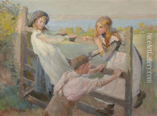Swinging On A Gate Oil Painting - Harold Harvey