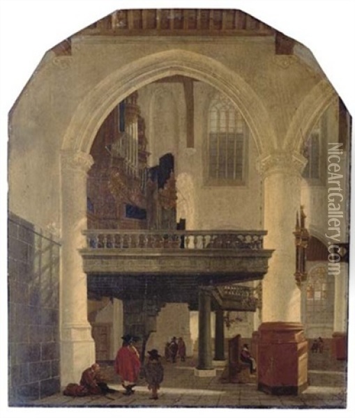 The West End Of The Oude Kerk, Delft From The Southern Aisle To The North, With The Organ Loft Oil Painting - Gerrit Houckgeest