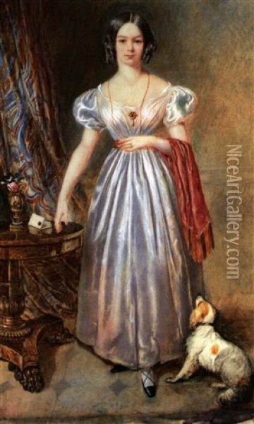 Portrait Einer Jungen Frau Mit Stopsellocken Im Schulterfreien Kleid, Zu Fusen Kleiner Hund Oil Painting - William Derby