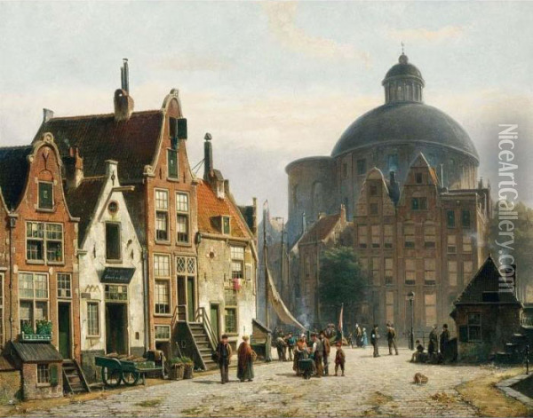 A Street Scene In Amsterdam, The Lutherse Kerk In The Background Oil Painting - Willem Koekkoek