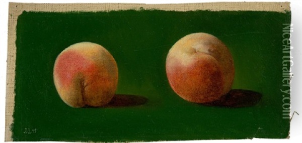 Two Peaches Against Green Background Oil Painting - Betzy Marie Petrea Libert