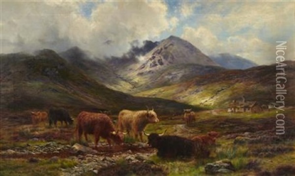Highland Cattle Watering In A Mountain Glen Oil Painting - Louis Bosworth Hurt