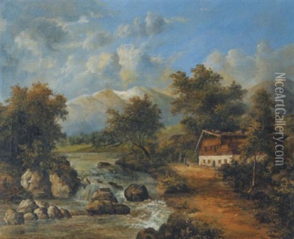 Bauernhaus Am Gebirgsfluss Oil Painting - Emil Barbarini