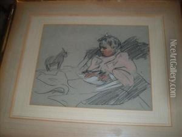 Childcontemplating Eeyore Oil Painting - Horace Mann Livens