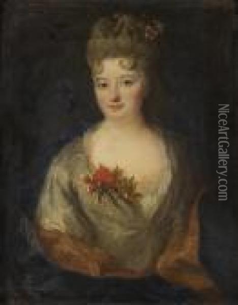Jeune Femme En Buste Au Corsage Decore De Fleurs Oil Painting - Nicolas de Largillierre