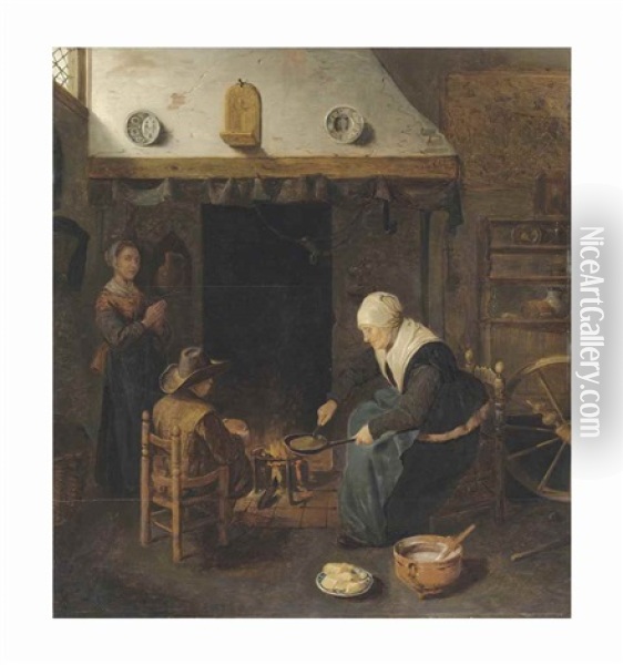 An Interior With Figures Making Pancakes By A Fire Oil Painting - Quiringh Gerritsz van Brekelenkam