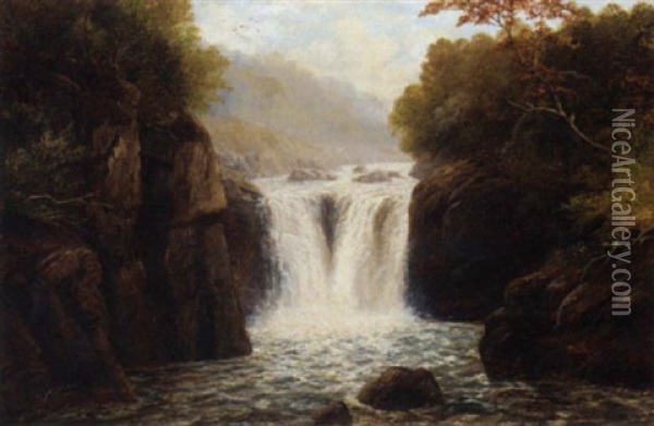 A Waterfall In A Wooded Landscape Oil Painting - William Mellor