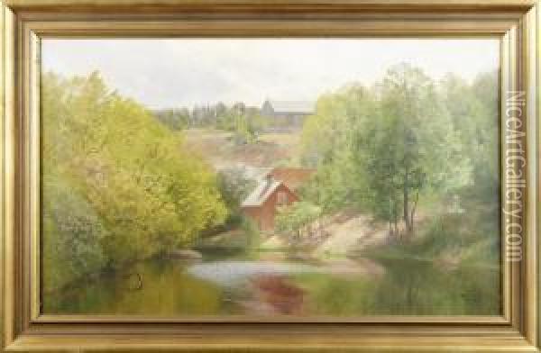 Insjolandskap Med Stuga Oil Painting - Alfred Thorne