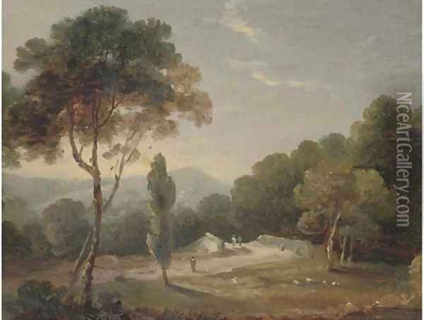 An Italianate landscape; and A castle by a lake Oil Painting - William Daniell