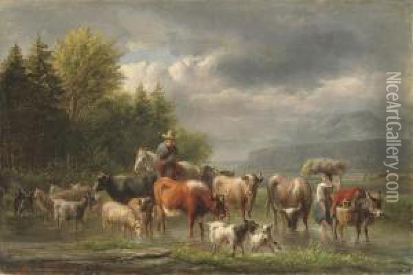 Cattle In A Stream Oil Painting - Jan Van Ravenswaay