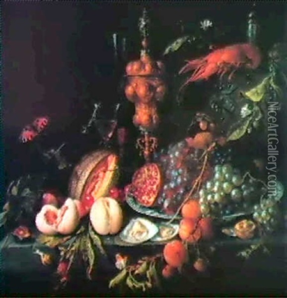Plums, Peaches, A Cut Melon, Mulberries, Cherries, An Open  Walnut, Two Oysters And Some Oyster Shells On A Stone Table Oil Painting - Jan Davidsz De Heem