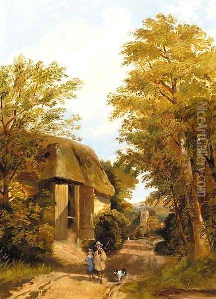 Figures on a track by a barn, a village beyond Oil Painting - Frederick Richard Lee