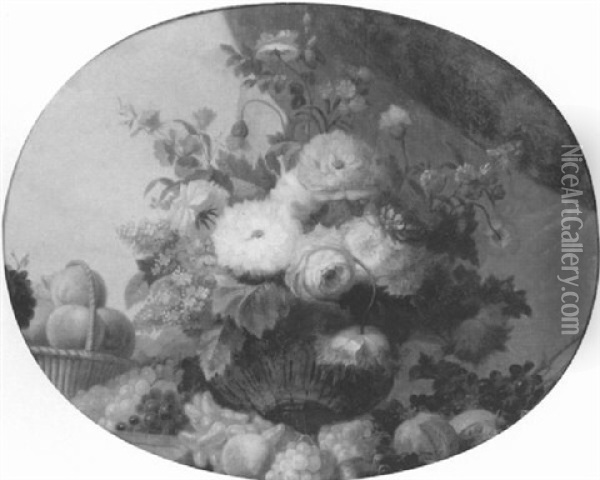 Nature Morte Au Vase De Fleurs Et Panier De Peches Oil Painting - Pierre Nicolas Huilliot