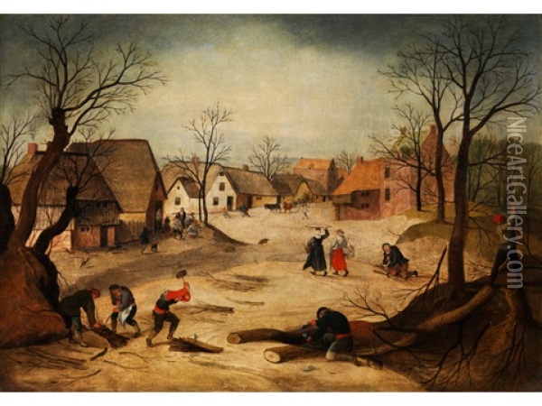 Winterlicher Dorfplatz Mit Baumfallern Oil Painting - Abel Grimmer