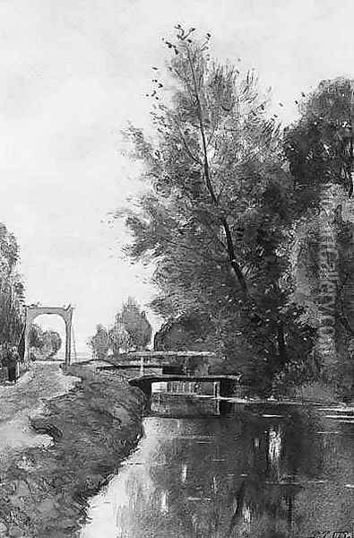 A summer landscape with a peasant-woman walking along a canal towards a bridge Oil Painting - Petrus Paulus Schiedges