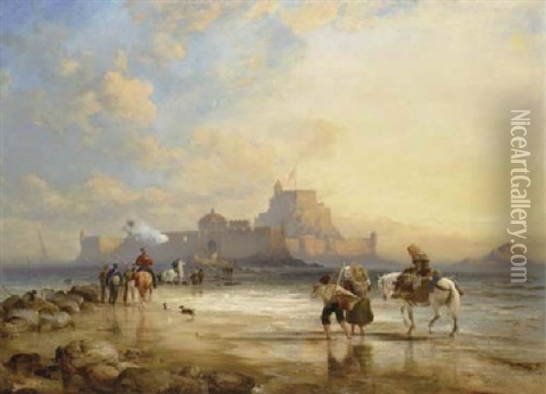 Elizabeth Castle, Jersey, From The Causeway; Low Water Oil Painting - Edward William Cooke