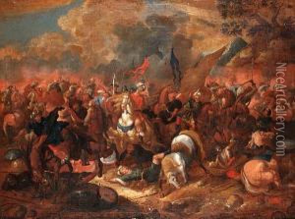 A Turkish Battle; And Turks Attacking A European Town Oil Painting - Jan Frans I Van Bredael