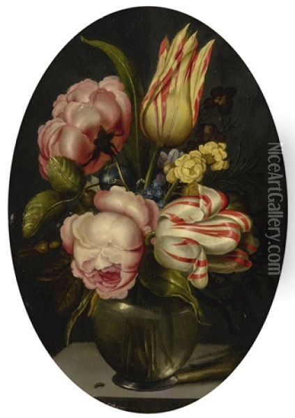 Still Life With Variegated Tulips, Roses, And Other Flowers In A Glass Vase, With A Fly, All On A Ledge Oil Painting - Ambrosius Bosschaert the Younger