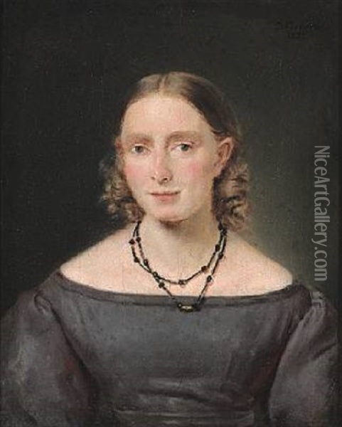 Portrait Of A Young Woman. Portrait Of Mrs. Scheel? Young Woman With Ash-blond Hair And Corkscrew Curls. Low-necked Blue-violet Dress. Necklace Made Of Small Pit Coal Pearls Oil Painting - Christian Albrecht Jensen