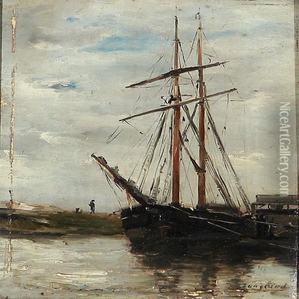 A Schooner At A Quay Oil Painting - Johan Barthold Jongkind