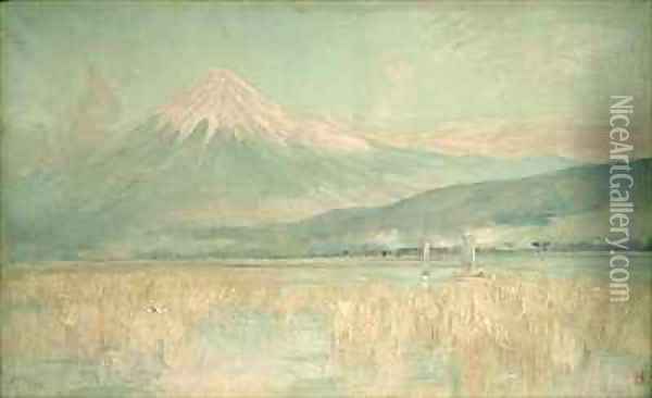 Dawn on the Sacred Mountain the Fuji sun Half Hidden in the Clouds Oil Painting - Sir Alfred East