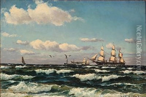 Breakers With Sailing Ships At Sea Oil Painting - Carl Ludvig Thilson Locher