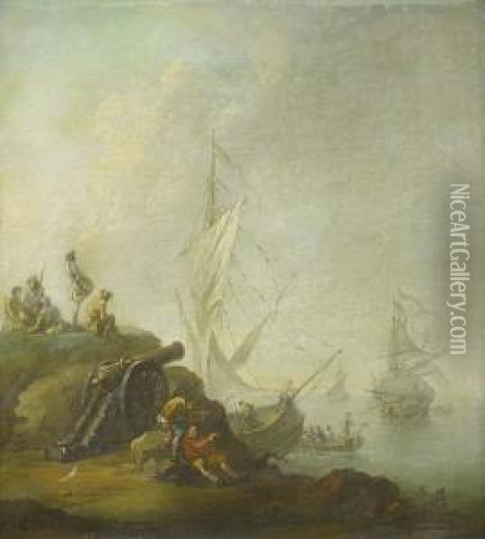A Rocky Coast With Soldiers Beside A Canon Oil Painting - Adriaen Manglard