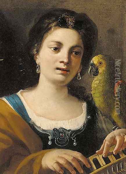 A girl, half-length, playing a keyboard instrument, with a parrot Oil Painting - Giovanni Domenico Tiepolo